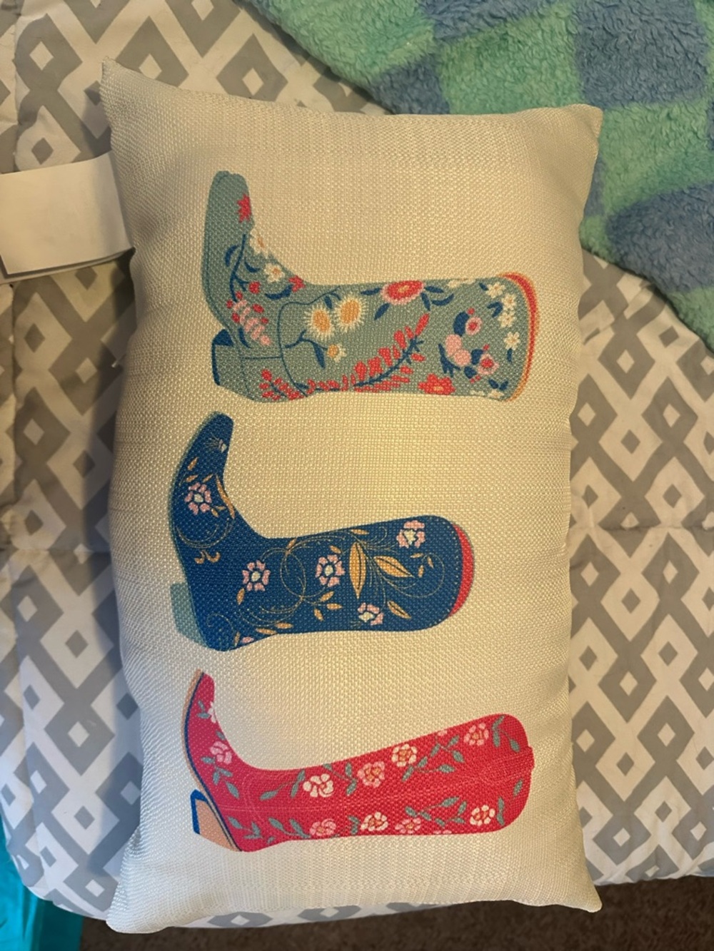 Decorative Floral Boot Accent Pillow - Cream with Blue, Teal & Pink Boots
